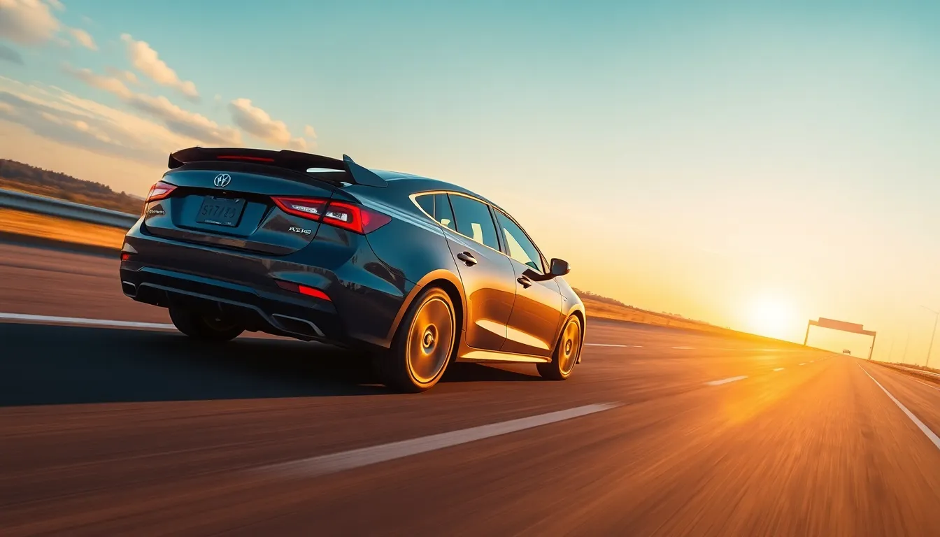 A car moving fast on an open highway at sunset